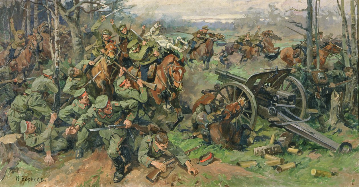 Kawaleria rosyjska szarżująca na niemiecką artylerię w 1915 r. autorstwa Nikolay Yakovlevich Borisov