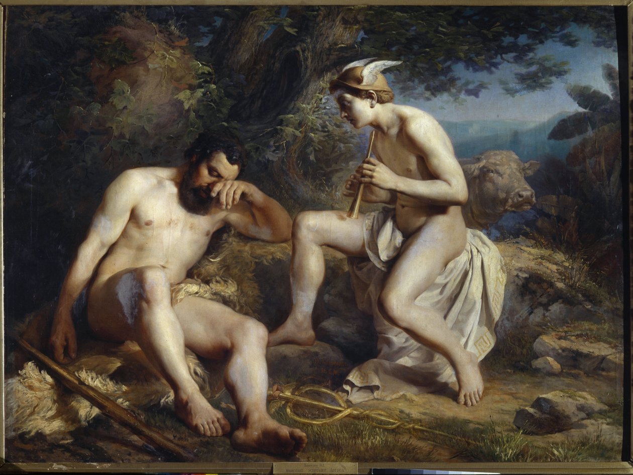 Merkury i Argus - Merkury usypiający Argusa do snu - Koshelev, Nikołaj Andreyevich (1840-1918) - 1864 - Olej na płótnie - 138x179 - Muzeum Akademii Sztuk Pięknych w Petersburgu. Petersburg autorstwa Nikolay Andreyevich Koshelev