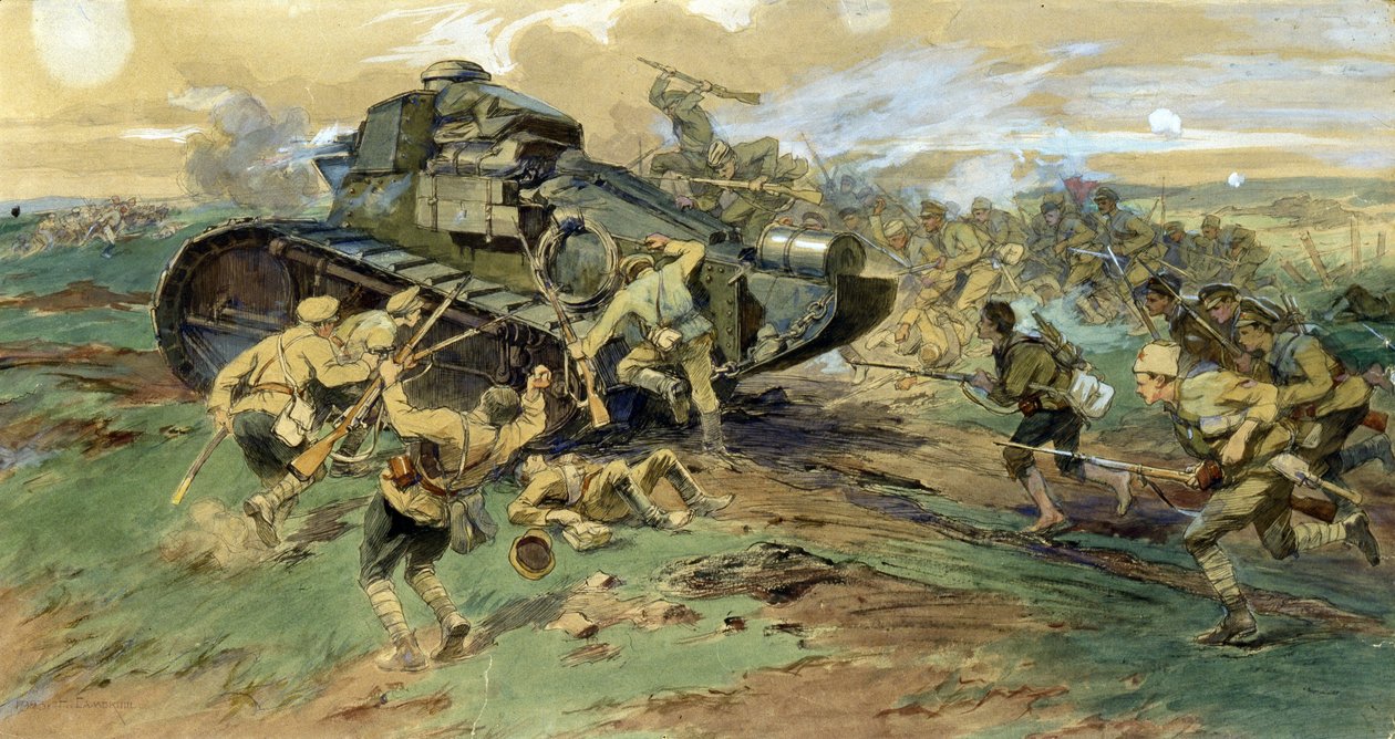 Zdobycie czołgu na Krymie. Scena bitwy podczas rosyjskiej wojny domowej (1917-1923), przeciwstawiającej się Białej Armii Czerwonej Gwardii. Praca Nikołaja Siemionowicza Samokisza (1860-1944), akwarela na papierze autorstwa Nikolay Semenovich Samokish