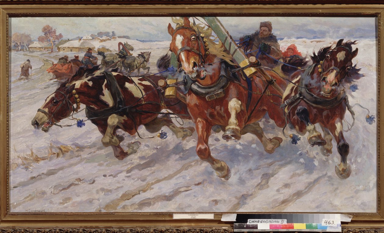 Troika (sanie z trzema końmi). Malarstwo Nikołaja Siemionowicza Samokisza (1860-1944), olej na płótnie autorstwa Nikolay Semenovich Samokish