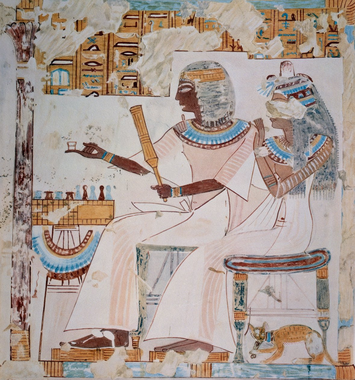 Neferrompet i jego żona grający w szachy, kopia fresku z grobowca Neferrompet w Tebach, datowanego na okres panowania Ramzesa II, płyta z Ancient Egyptian Paintings, autor: Nina Davies autorstwa Nina de Garis Davies