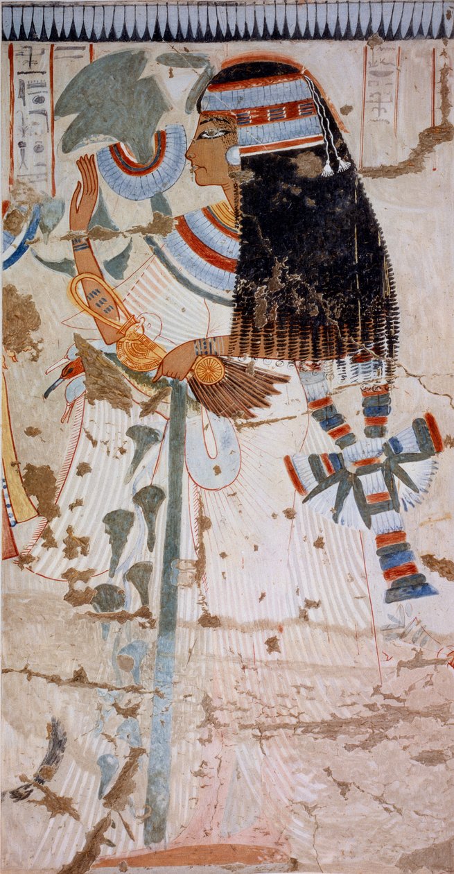 Matka Ouserhata, kopia fresku z grobowca Ouserhata w Tebach, datowanego na okres panowania Setiego I, płyta z Ancient Egyptian Paintings, autor: Nina Davies autorstwa Nina de Garis Davies