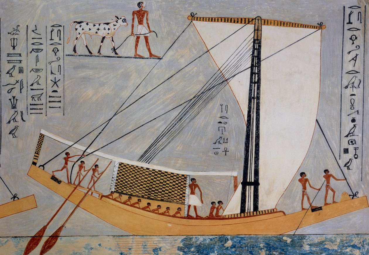 Żaglówka i wiosła, kopia fresku z grobowca Kaemronkh VI, Giza, IV dynastia, zdjęcie z książki Ancient Egyptian Paintings, autor: Nina Davies autorstwa Nina de Garis Davies