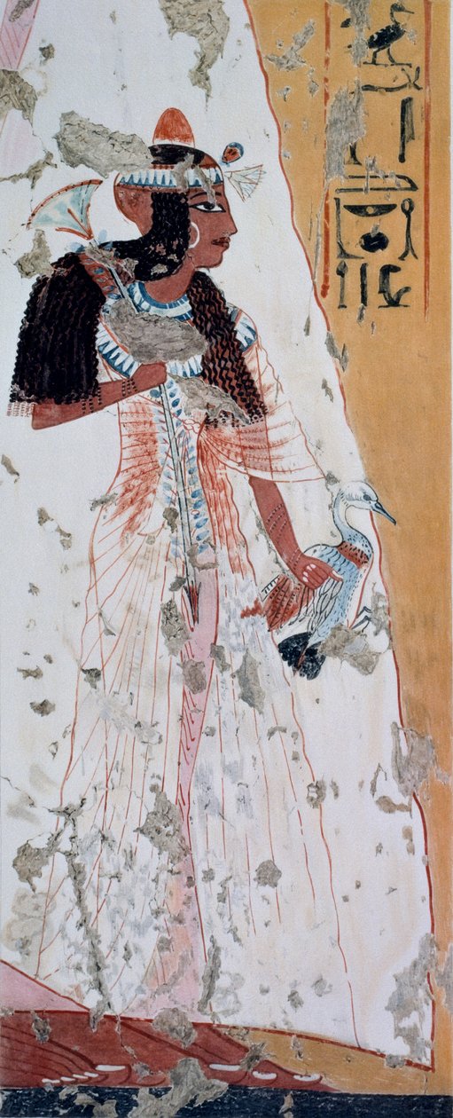 Młoda kobieta z kaczką, kopia fresku z grobowca Ipouy w Tebach, datowanego na okres panowania Ramzesa II, płyta z Ancient Egyptian Paintings, autor: Nina Davies autorstwa Nina de Garis Davies