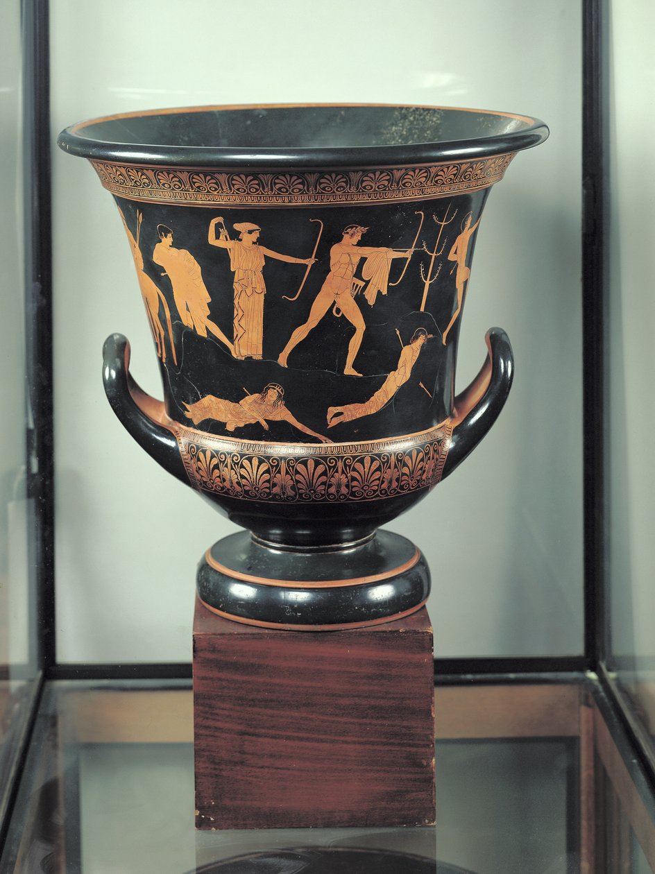 Czerwonofigurowy kielich-krater ze strychu przedstawiający śmierć niobidów, ok. 460-50 pne (ceramika) (patrz także 92576-77) autorstwa Niobid Painter