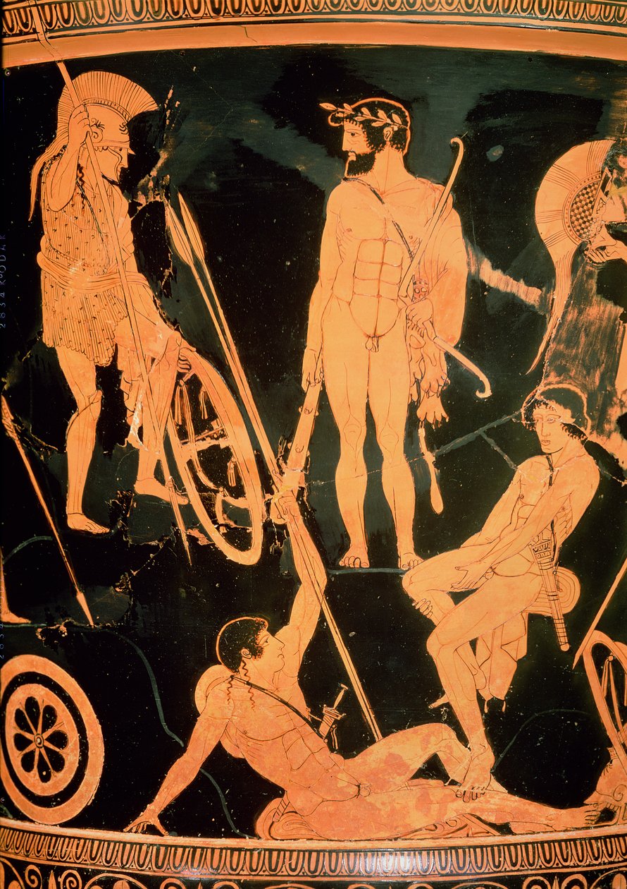 Herakles i greccy bohaterowie, fragment z kielicha-krateru z czerwonymi figurami na Attyce, ok. 490 p.n.e. (ceramika) (patrz także 92577 i 19106) autorstwa Niobid Painter