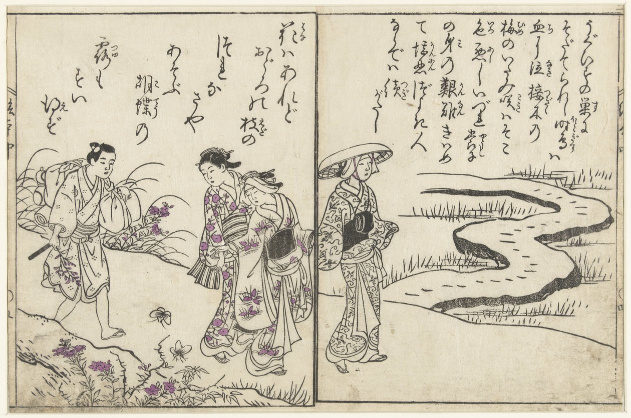 Wędrowcy w krajobrazie z kwiatami autorstwa Nishikawa Sukenobu (attributed to)