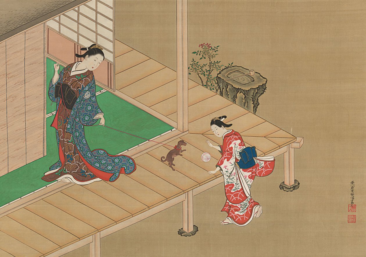 Kurtyzana i pomocnik bawiący się z psem, ok. godz. 1716-1736. autorstwa Nishikawa Sukenobu
