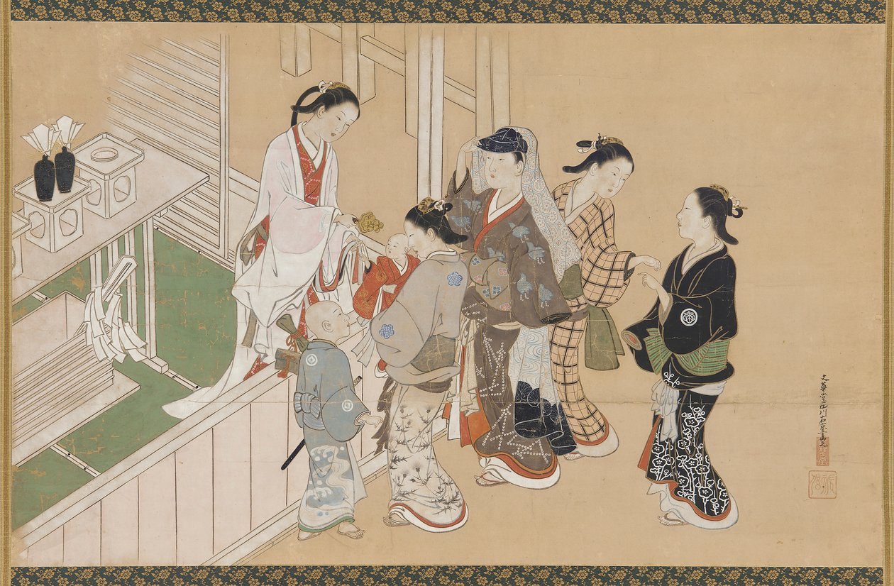 Pierwsza wizyta niemowlęcia w sanktuarium Shinto, okres Edo, koniec XVII-początek XVIII wieku. autorstwa Nishikawa Sukenobu