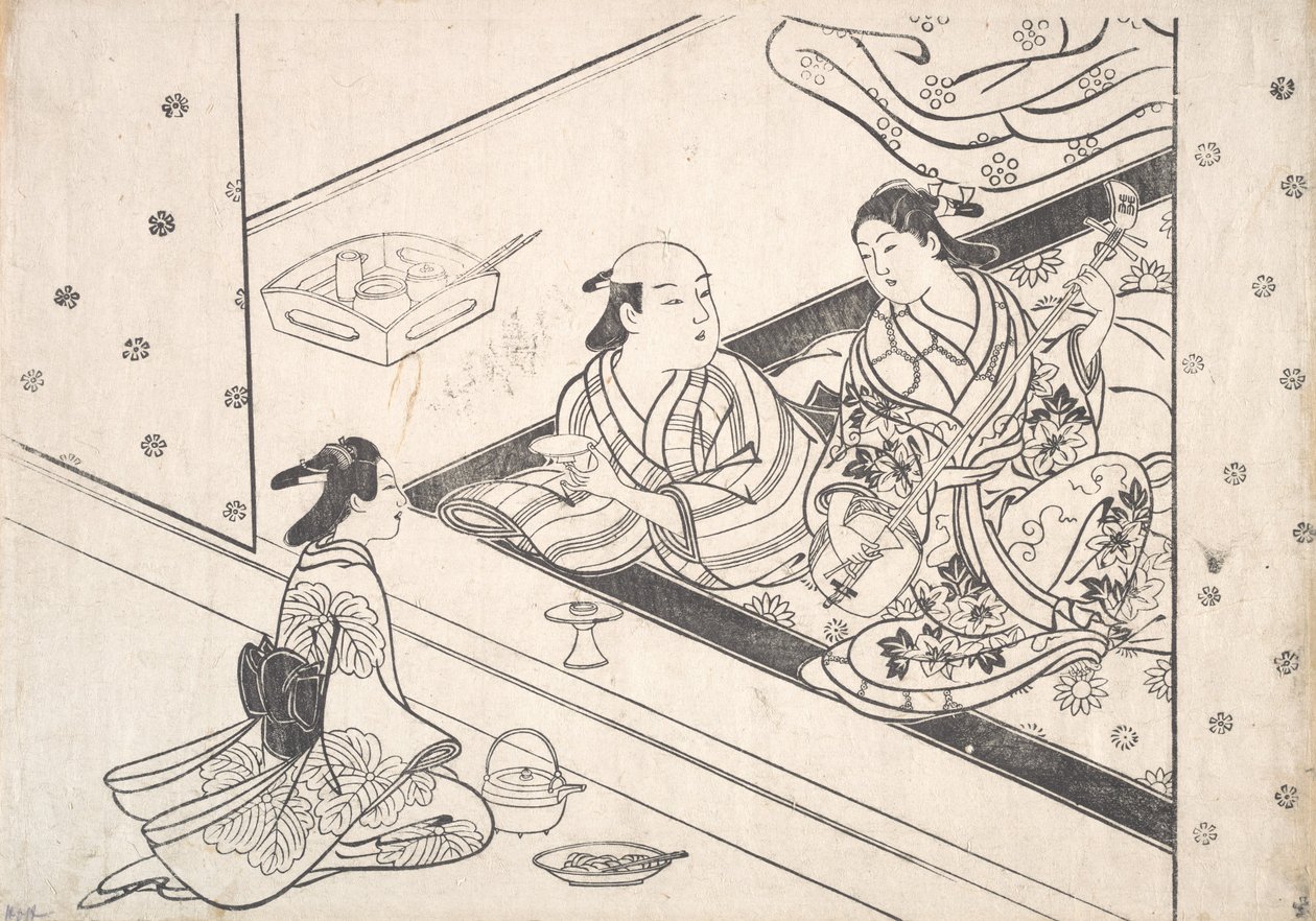 Lady Playing Shamisen ze swoim kochankiem i opiekunem w pobliżu. autorstwa Nishikawa Sukenobu