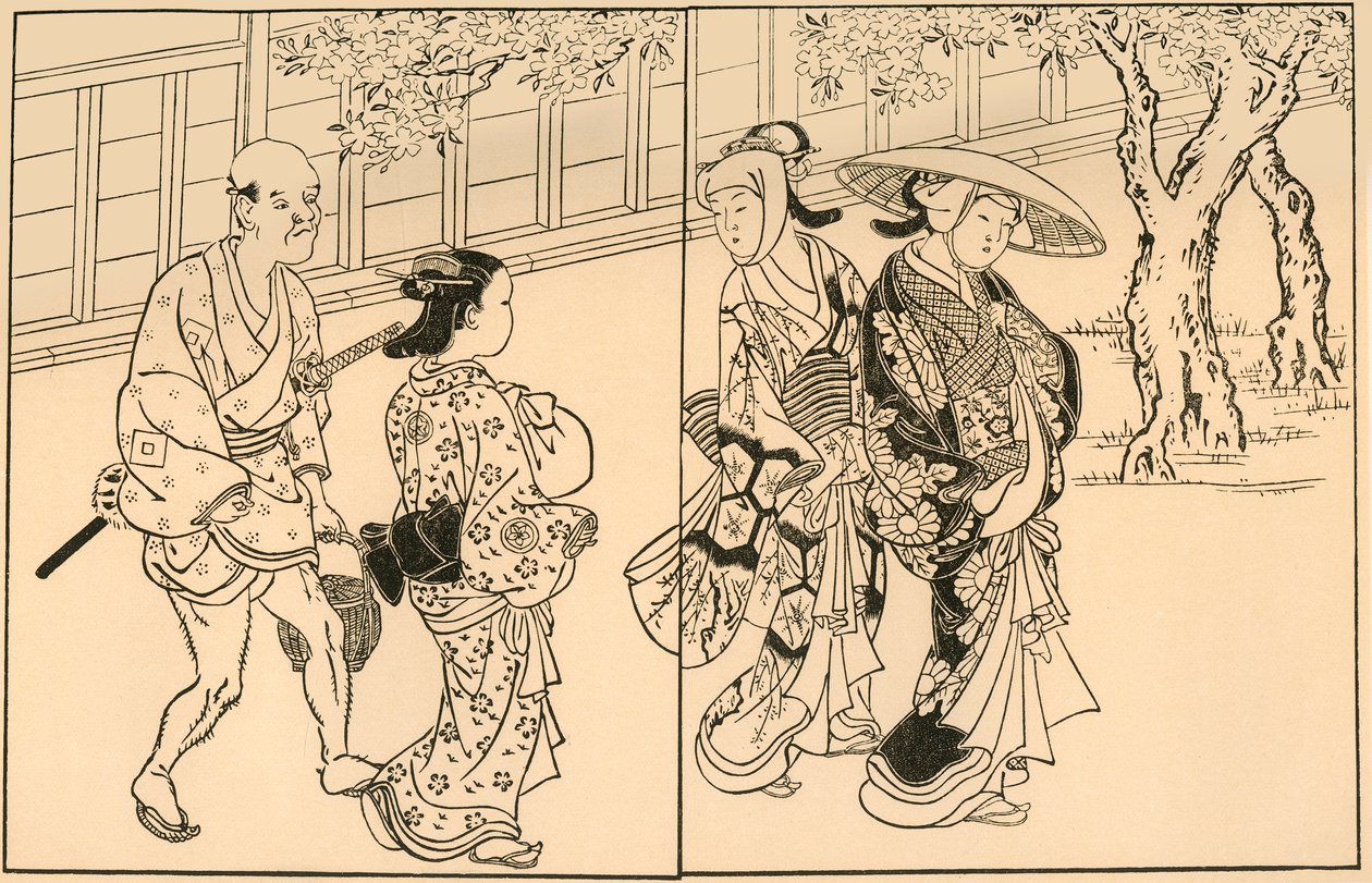 Trzy kobiety i służący, 1730, 1924. autorstwa Nishikawa Sukenobu