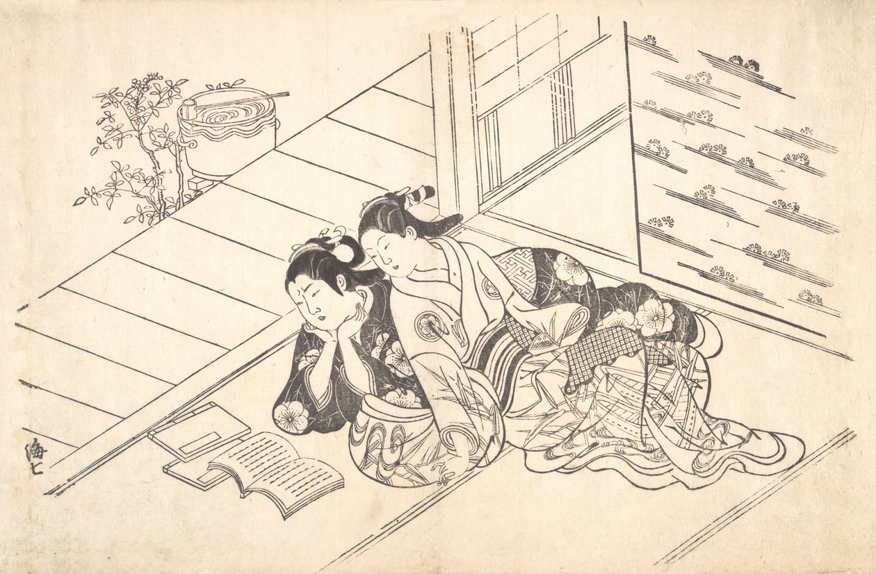 Dwie kobiety leżące na podłodze pokoju i czytające książkę, ca. 1730 r., ok. 1730 r. 1730. autorstwa Nishikawa Sukenobu