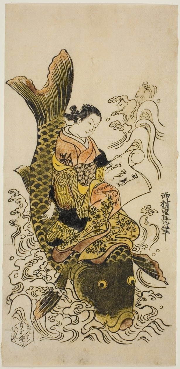 Kurtyzana ujeżdżająca karpia (parodia Daoist Immortal Kinko [chiń.: Qin Gao]) autorstwa Nishimura Shigenaga