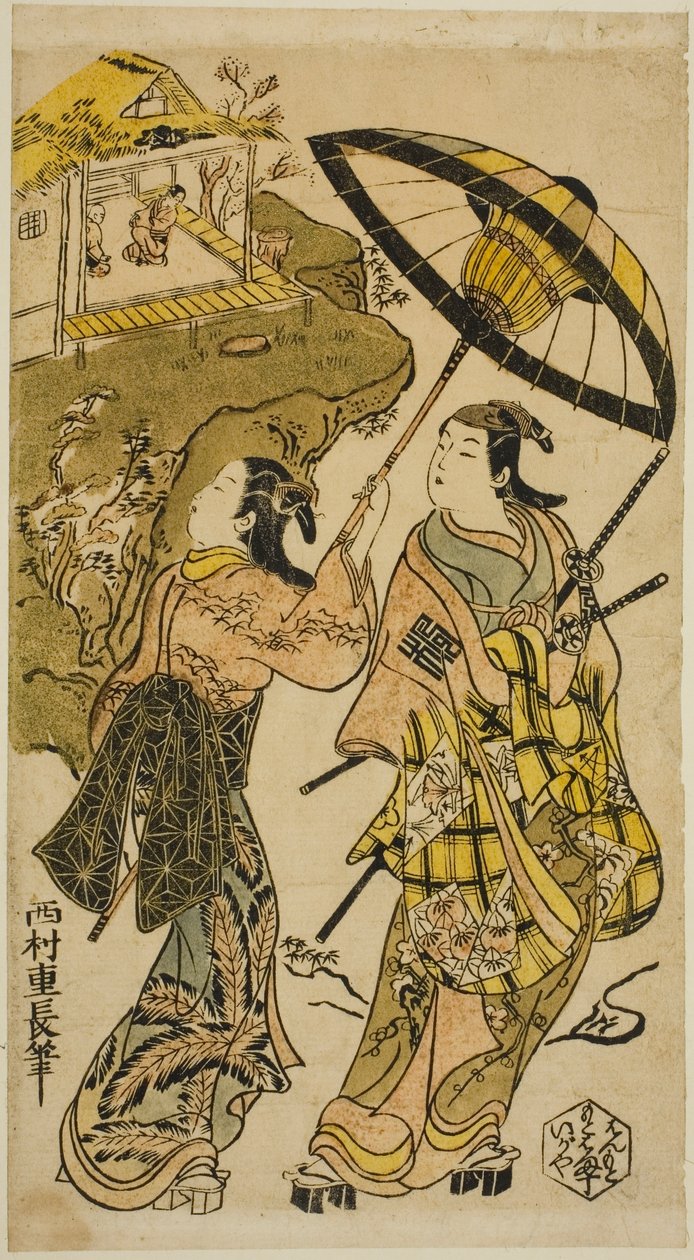 Portret aktorów w domku Ogura autorstwa Nishimura Shigenaga
