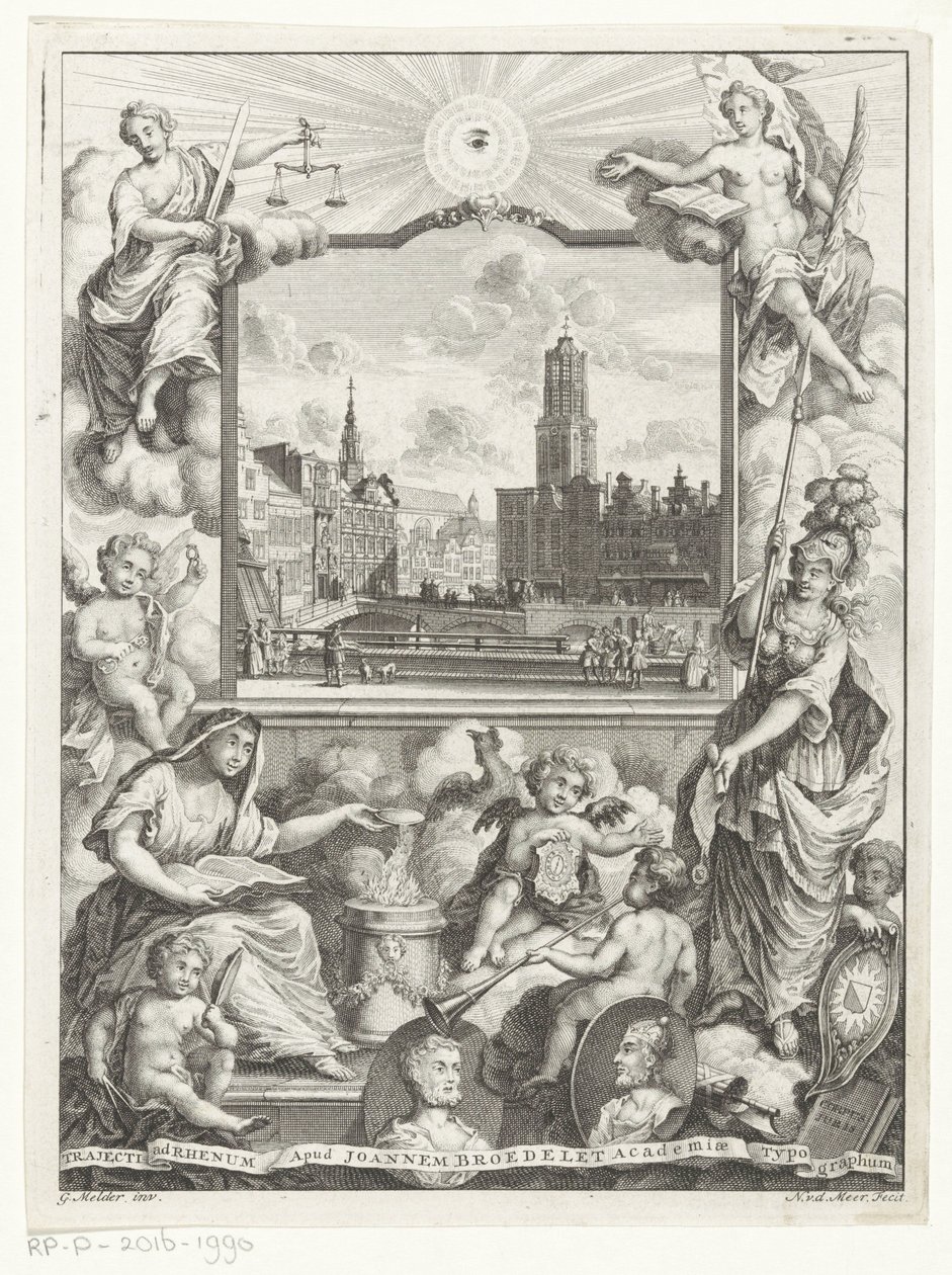 Stadsgezicht met Domkerk te Utrecht en allegorie met Utrechtse stedenmaagd Titelpagina voor: Elias de Vries, Dissertatio juridica, de jure naturale ac gentium, seu duobus prioribus juris fontibus, 1745. autorstwa Noach van der Meer (I)
