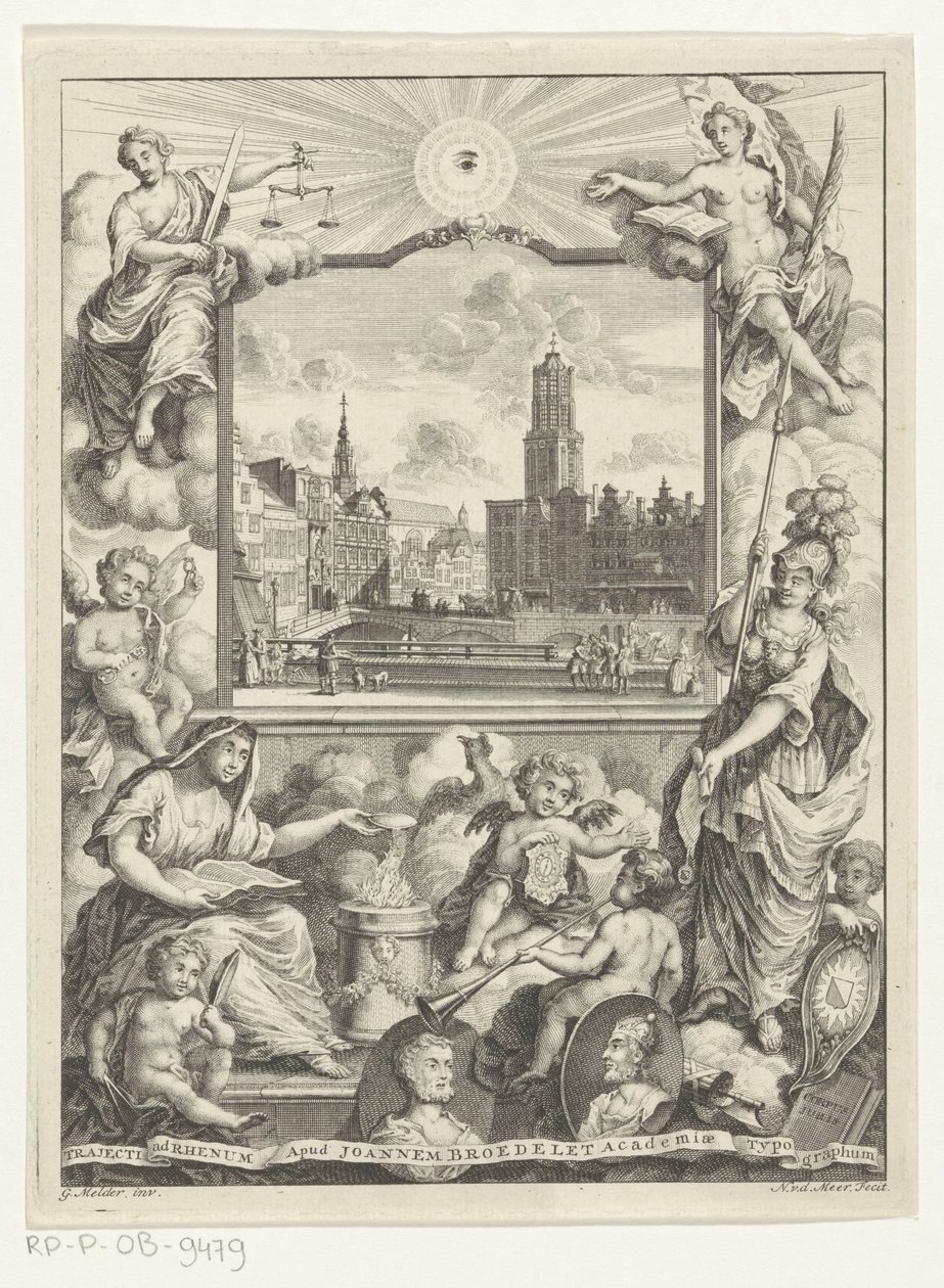Stadsgezicht met Domkerk te Utrecht en allegorie met Utrechtse stedenmaagd Titelpagina voor: Elias de Vries, Dissertatio juridica, de jure naturale ac gentium, seu duobus prioribus juris fontibus, 1745. autorstwa Noach van der Meer (I)