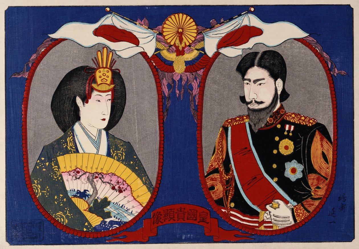 Portrety ich Cesarskich Mości, Cesarza i Cesarzowej Meiji (kolorowy drzeworyt) autorstwa Nobukazu Watanabe