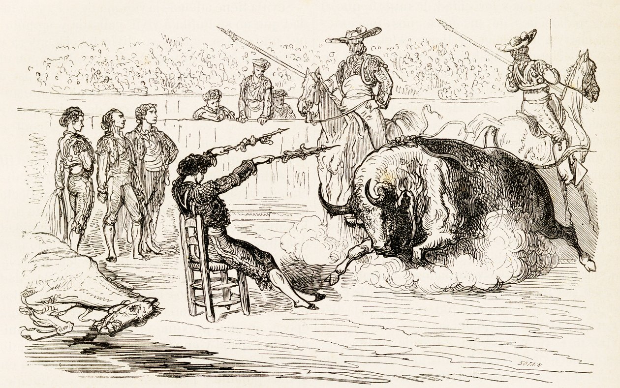 Hiszpański Banderillero umieszczający Banderille siedząc na krześle, 1878 (drewno) autorstwa Noel Eugene Sotain
