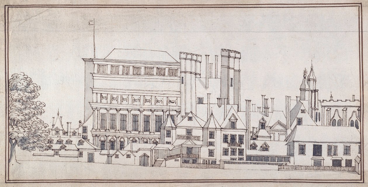 Whitehall z Bramą Holbeina i Domem Bankietowym Inigo Jonesa, ok. 1677 (pióro i brązowy tusz z szarym lakierem) autorstwa Noel Gasselin