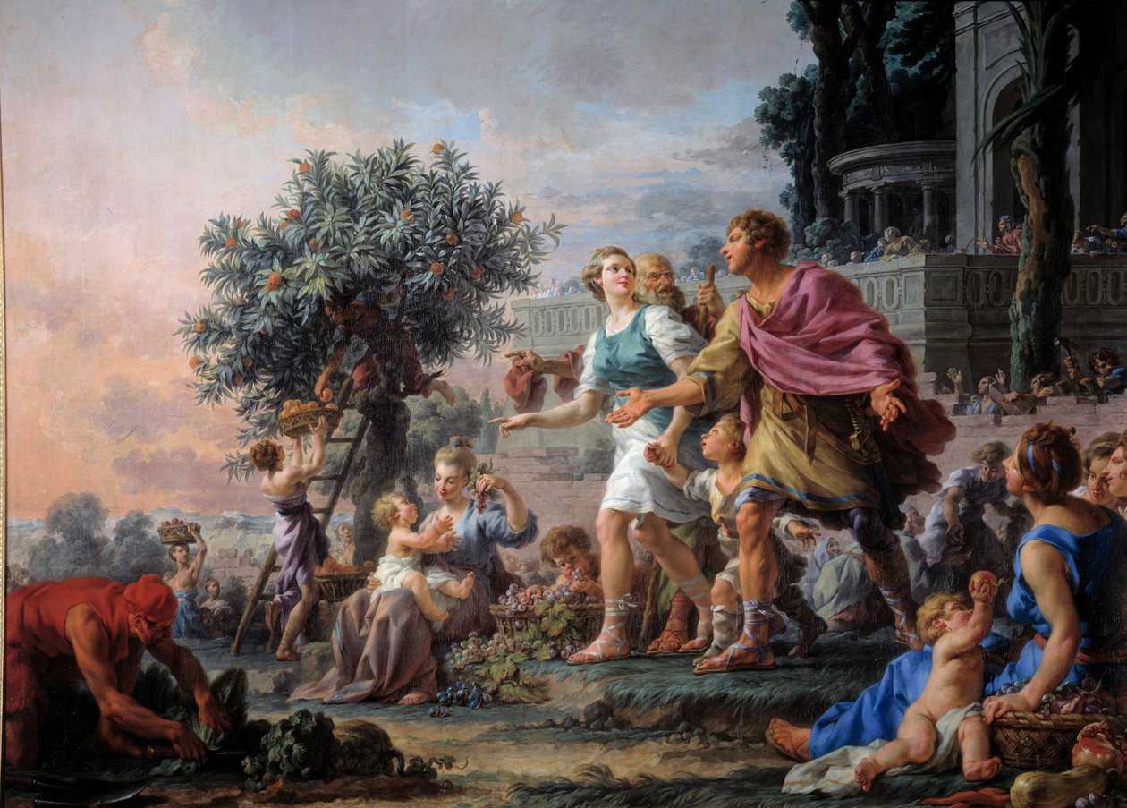 Liberalność Cymona Ateńczyka zapraszająca lud do zbierania owoców z ich ogrodu. Obraz Christmas Halle (1711-1781) autorstwa Noel Halle