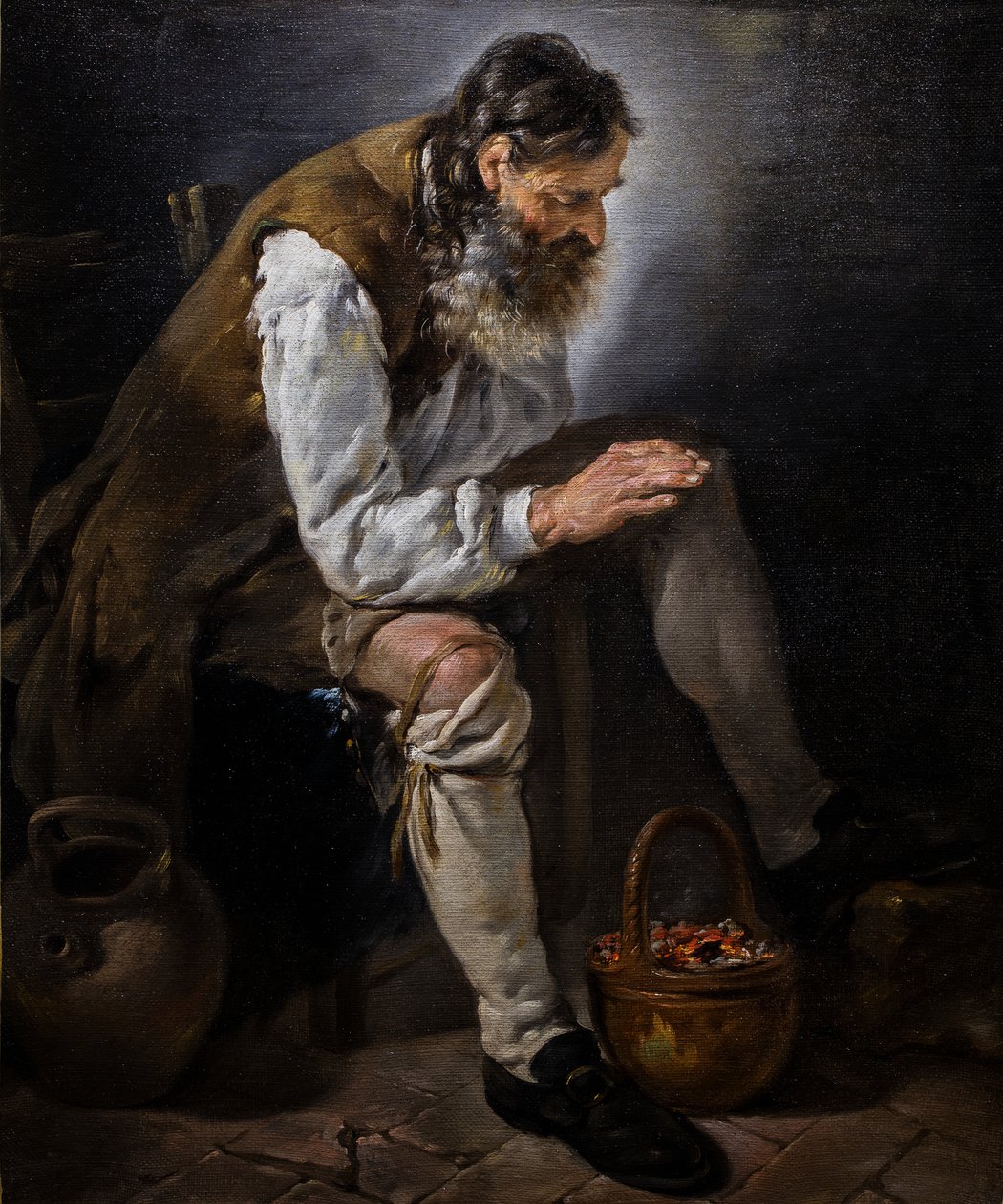 Zima. Starzec ogrzewający ręce przy piecu, ok. 1747 (olej na płótnie) autorstwa Noel Halle