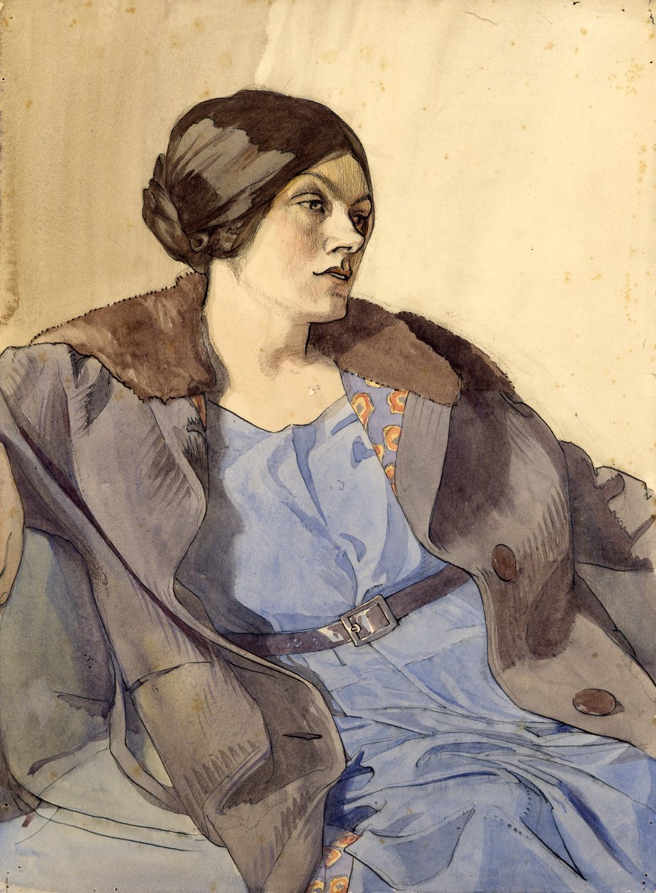 Portret żony artysty, Celia Fiennes, koniec lat 20. (akwarela na ołówku) autorstwa Noel Rooke
