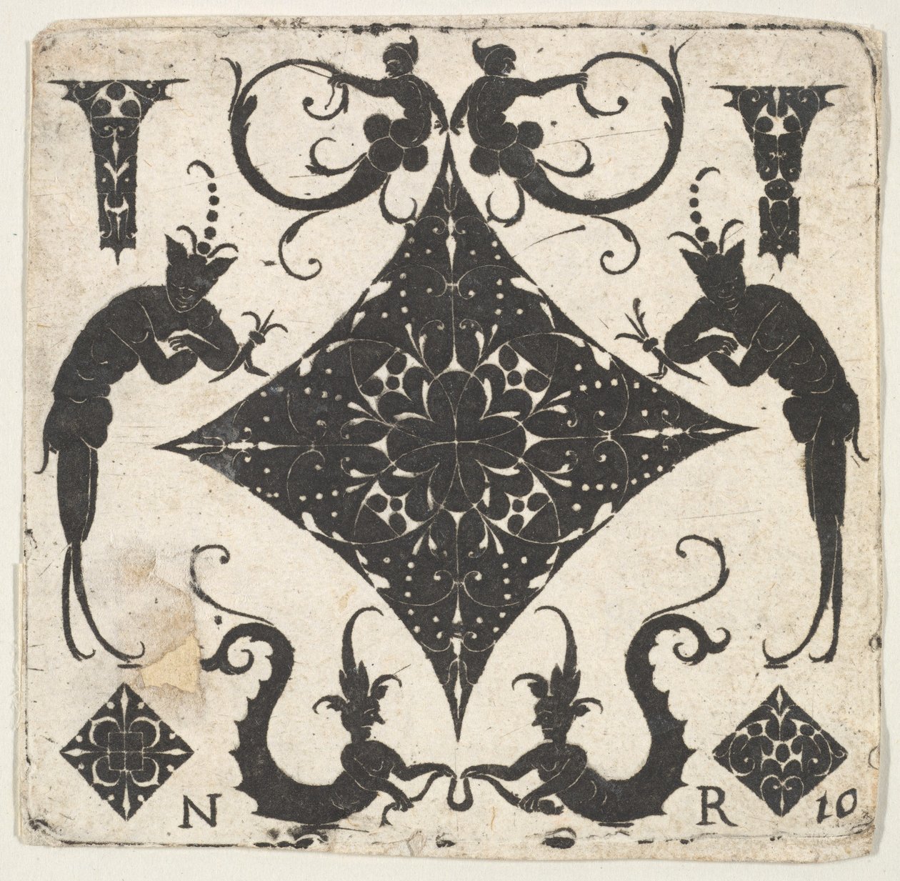 Wklęsły panel w kształcie rombu i figury groteskowe, ca. 1620-30. autorstwa Noel Rouillard