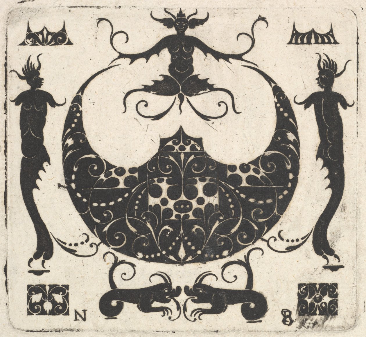 Pierścień w kształcie księżyca i figury groteskowe, ca. 1620-30. autorstwa Noel Rouillard