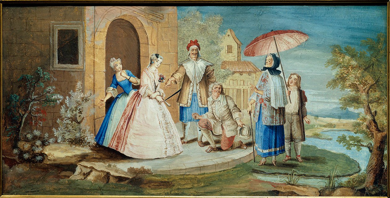 Komik i dramaturg Jean Baptiste Poquelin dit Moliere (jedno kolano na ziemi) i jego komicy w utworze Georges Dandin ou le mari pomylony””” w 1668 r. Christmas Painting Coypel (1628-1707) 1668 Kolekcja Jacques Lorcey autorstwa Noël Coypel