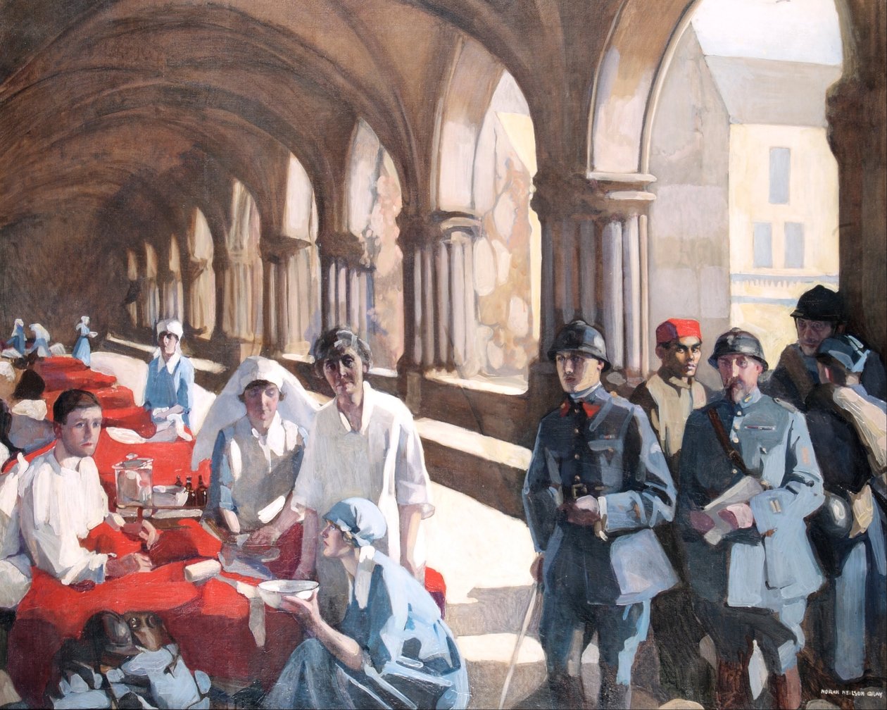 W klasztorze opactwa w Royaumont. Dr Frances Ivens przeprowadza inspekcję francuskiego pacjenta autorstwa Norah Neilson Gray
