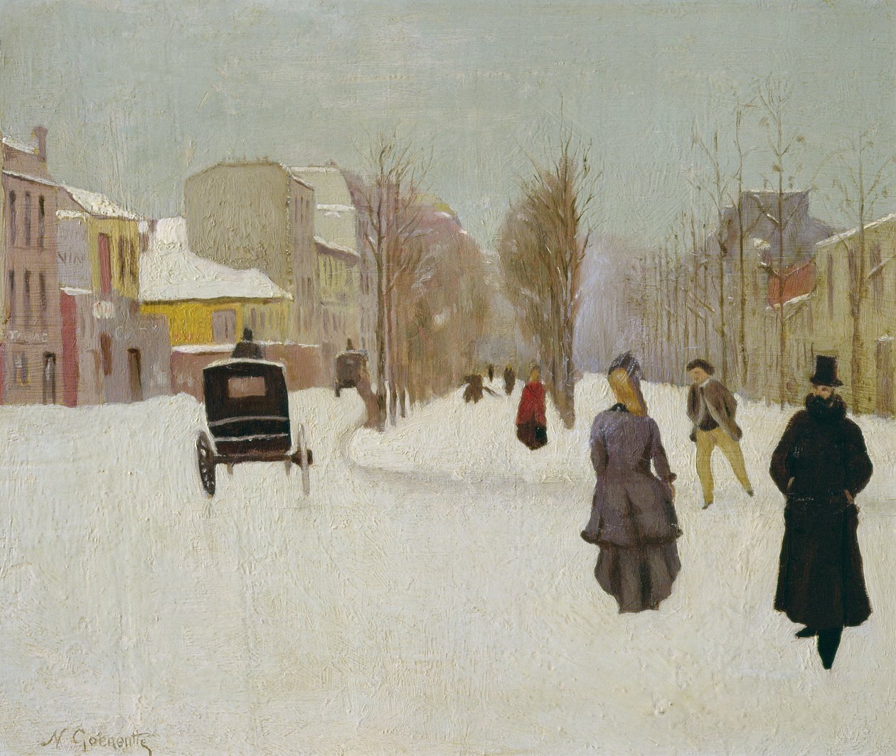 Francuska scena uliczna ze śniegiem (olej na metalu) autorstwa Norbert Goeneutte