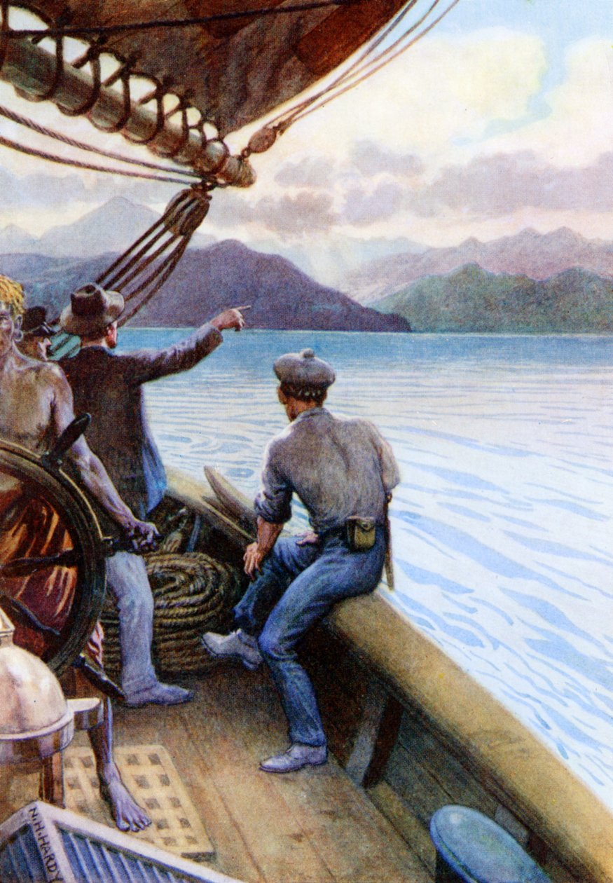 „Rejs wśród wysp Morza Południowego, wyspa Norfolk w zasięgu wzroku”, 1908 r. autorstwa Norman Hardy