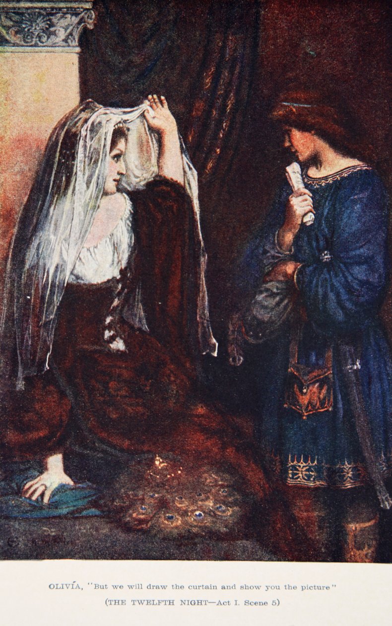 „Ale zasuniemy zasłony i pokażemy wam obraz”, Wieczór Trzech Króli, Akt I, scena 5, ilustracja z „Opowieści Szekspira” Charlesa i Mary Lamb autorstwa Norman Mills (after) Price