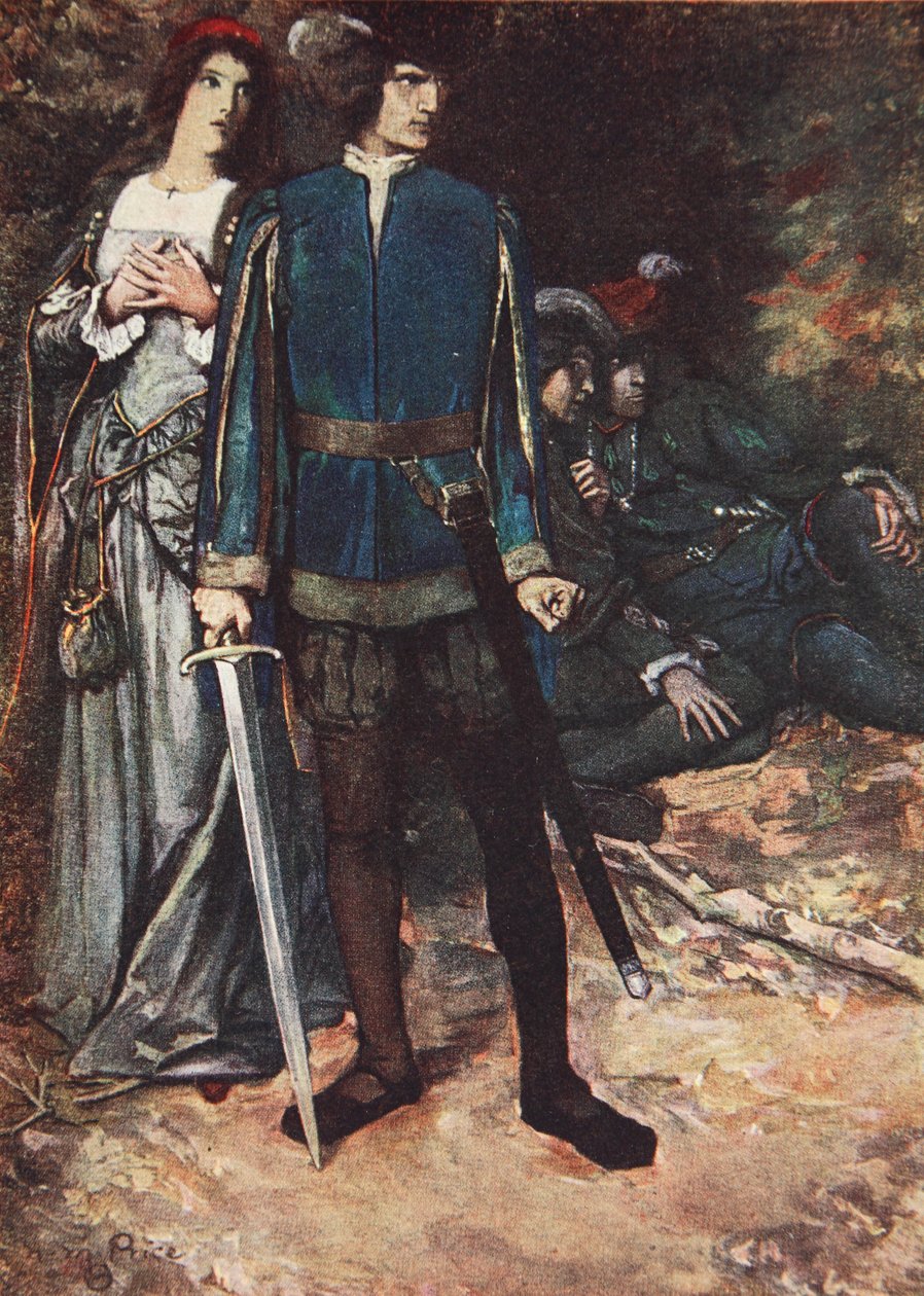 „Ośmielam się tchnąć na moją miłość”, Dwóch dżentelmenów z Werony, akt V, scena 4, ilustracja z „Opowieści Szekspira” Charlesa i Mary Lamb autorstwa Norman Mills (after) Price