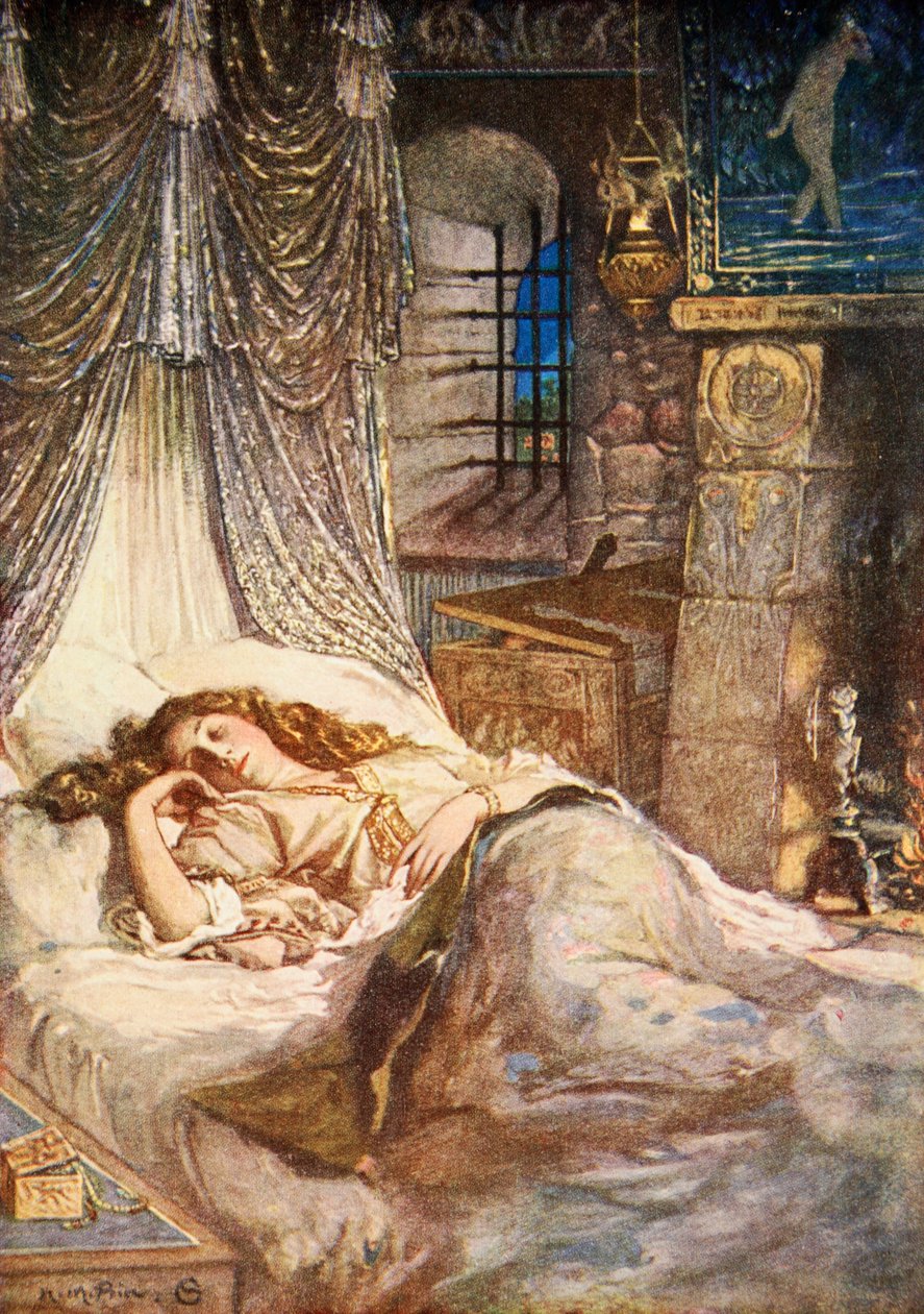 Komnata sypialna Imogen, Cymbeline, akt II, scena 2, ilustracja z „Opowieści Szekspira” Charlesa i Mary Lamb autorstwa Norman Mills (after) Price