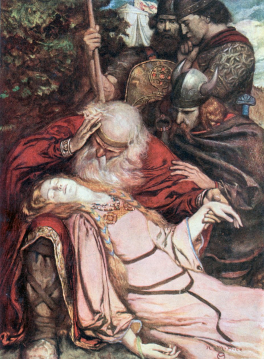 Lear, "Kordelia, Kordelia". Król Lear - akt V, scena 3 (kolorowa litografia) autorstwa Norman Mills (after) Price