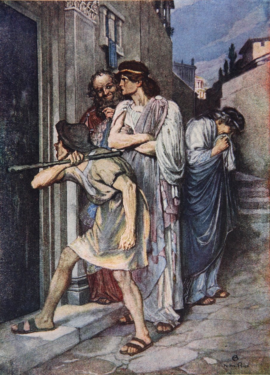 „Wpuść mojego pana”, Komedia omyłek, akt III, scena 1, ilustracja z „Opowieści Szekspira” Charlesa i Mary Lamb autorstwa Norman Mills (after) Price