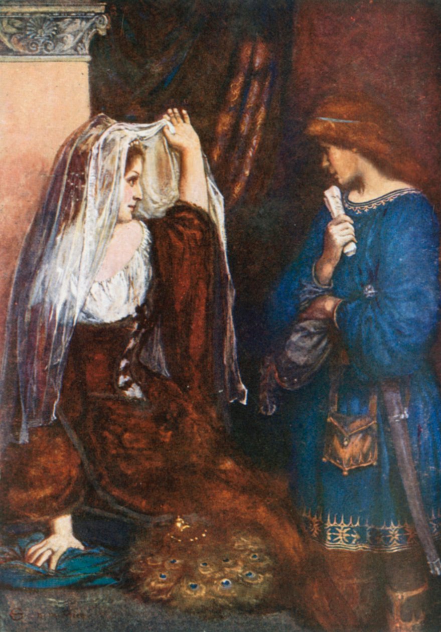 Olivia, "But we will Draw the Curtain and Show you the Picture". Dwunasta noc - akt I, scena 5 (kolorowa litografia) autorstwa Norman Mills (after) Price