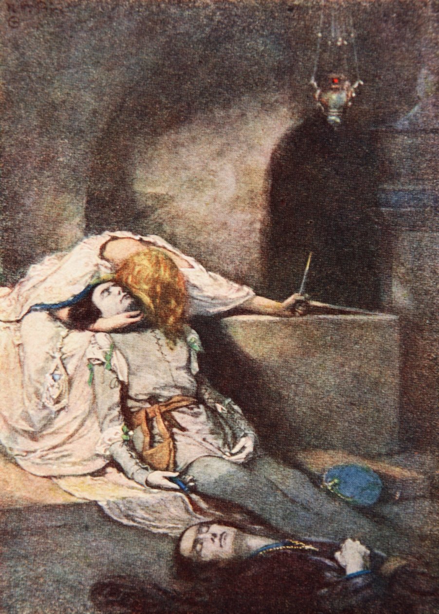 Romeo i Julia, akt V, scena 3, ilustracja z „Opowieści z Szekspira” Charlesa i Mary Lamb autorstwa Norman Mills (after) Price