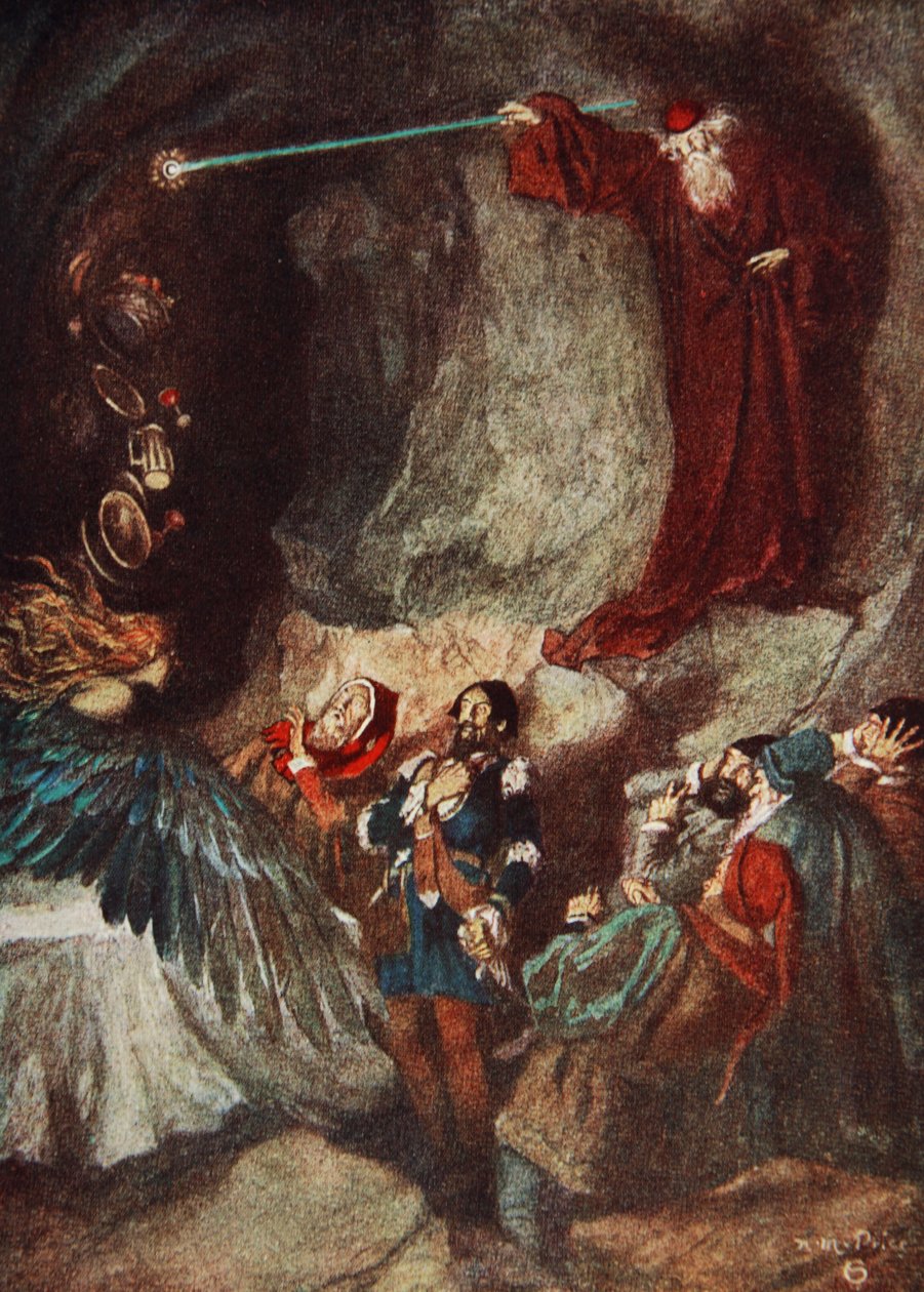 Uczta zniknęła, Akt III Burzy, scena 3, ilustracja z „Opowieści Szekspira” Charlesa i Mary Lamb autorstwa Norman Mills (after) Price