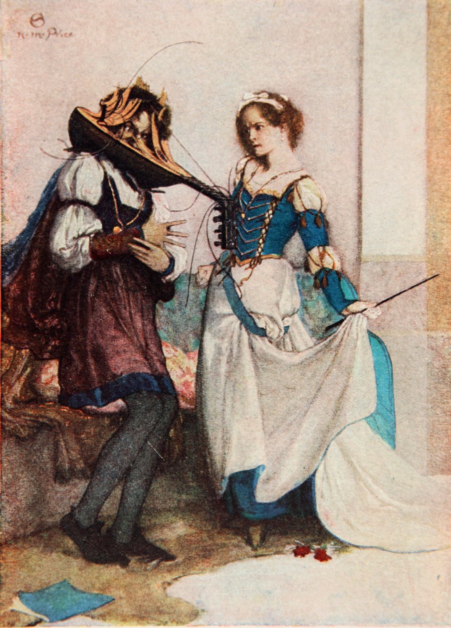 Łagodna Katarzyna, Poskromienie złośnicy, akt II, scena 1, ilustracja z „Opowieści Szekspira” Charlesa i Mary Lamb autorstwa Norman Mills (after) Price