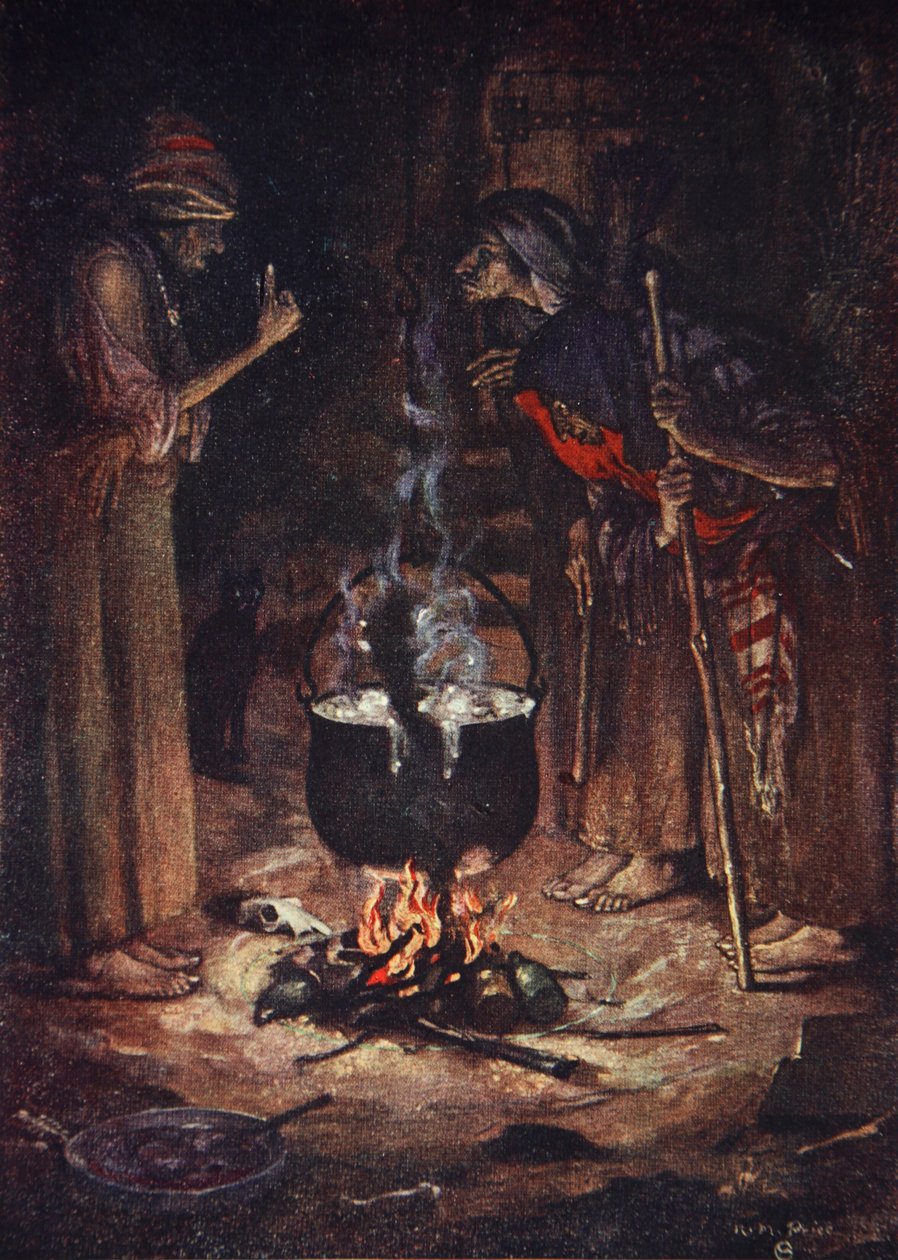 The Weird Sisters, Makbet, akt IV, scena 1, ilustracja z „Opowieści Szekspira” Charlesa i Mary Lamb autorstwa Norman Mills (after) Price
