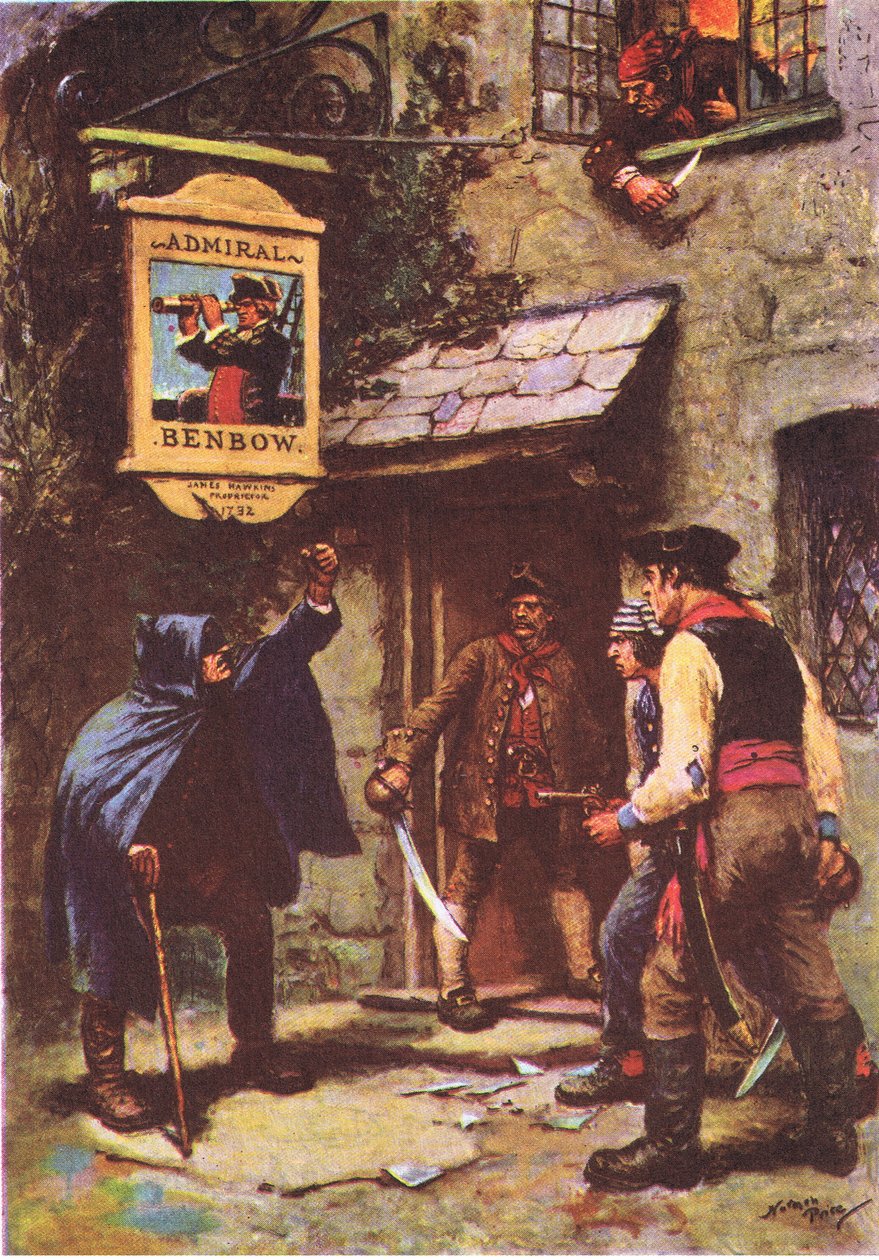 Mężczyzna wychylił się w świetle księżyca z Wyspy Skarbów wydanej przez MacDonalda 1947 (kolor lito) autorstwa Norman Mills Price