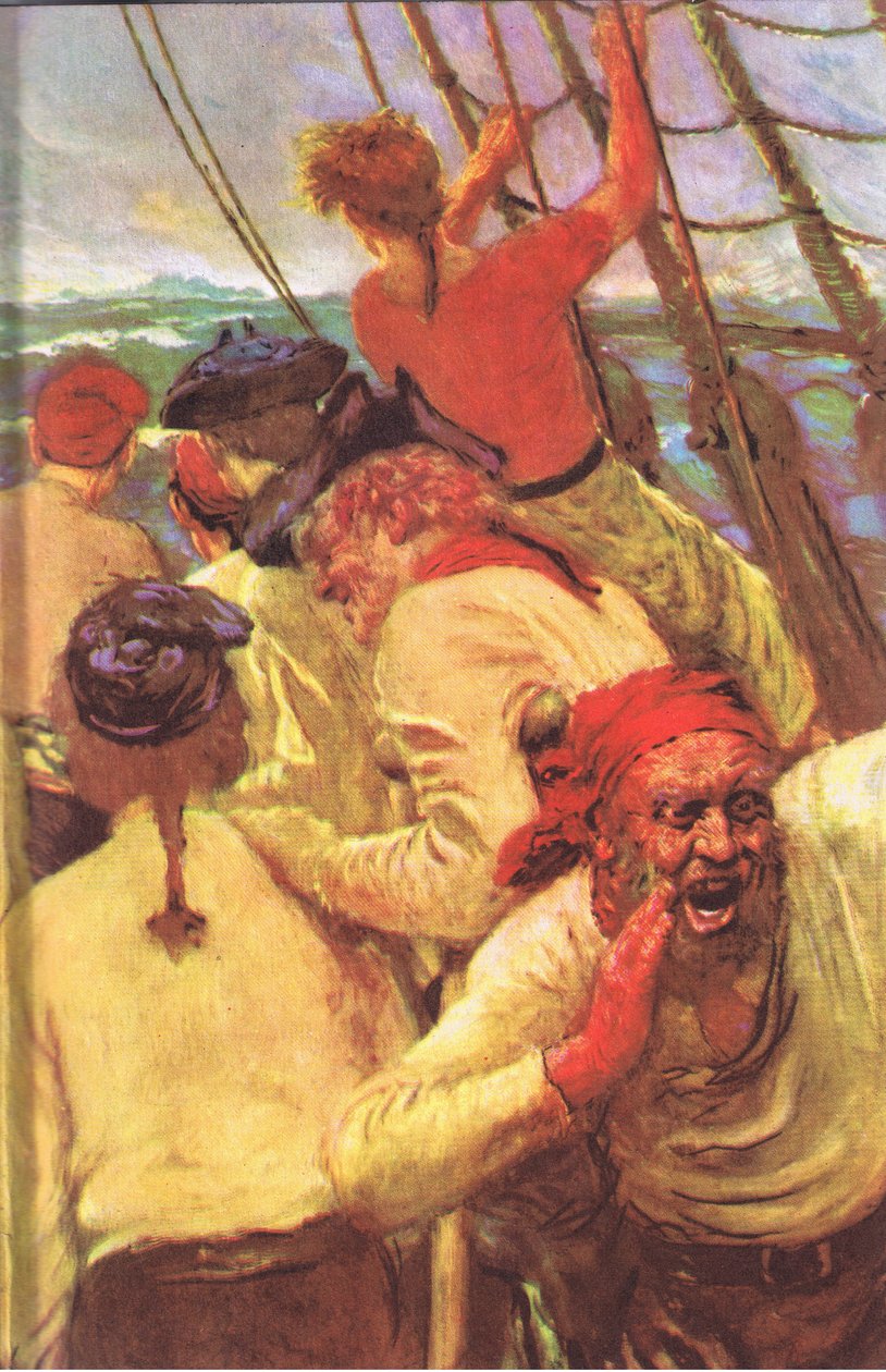 Projekt okładki wewnętrznej, z Wyspy Skarbów wydanej przez MacDonald 1947 (kolor litho) autorstwa Norman Mills Price