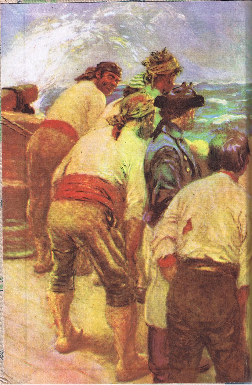 Projekt okładki wewnętrznej, z Wyspy Skarbów wydanej przez MacDonald 1947 (kolor litho) autorstwa Norman Mills Price