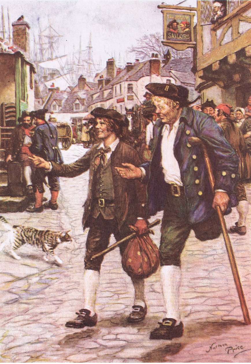 Jim i Long John Silver w Bristolu, z Treasure Island wydanej przez MacDonald 1947 (kolor lito) autorstwa Norman Mills Price