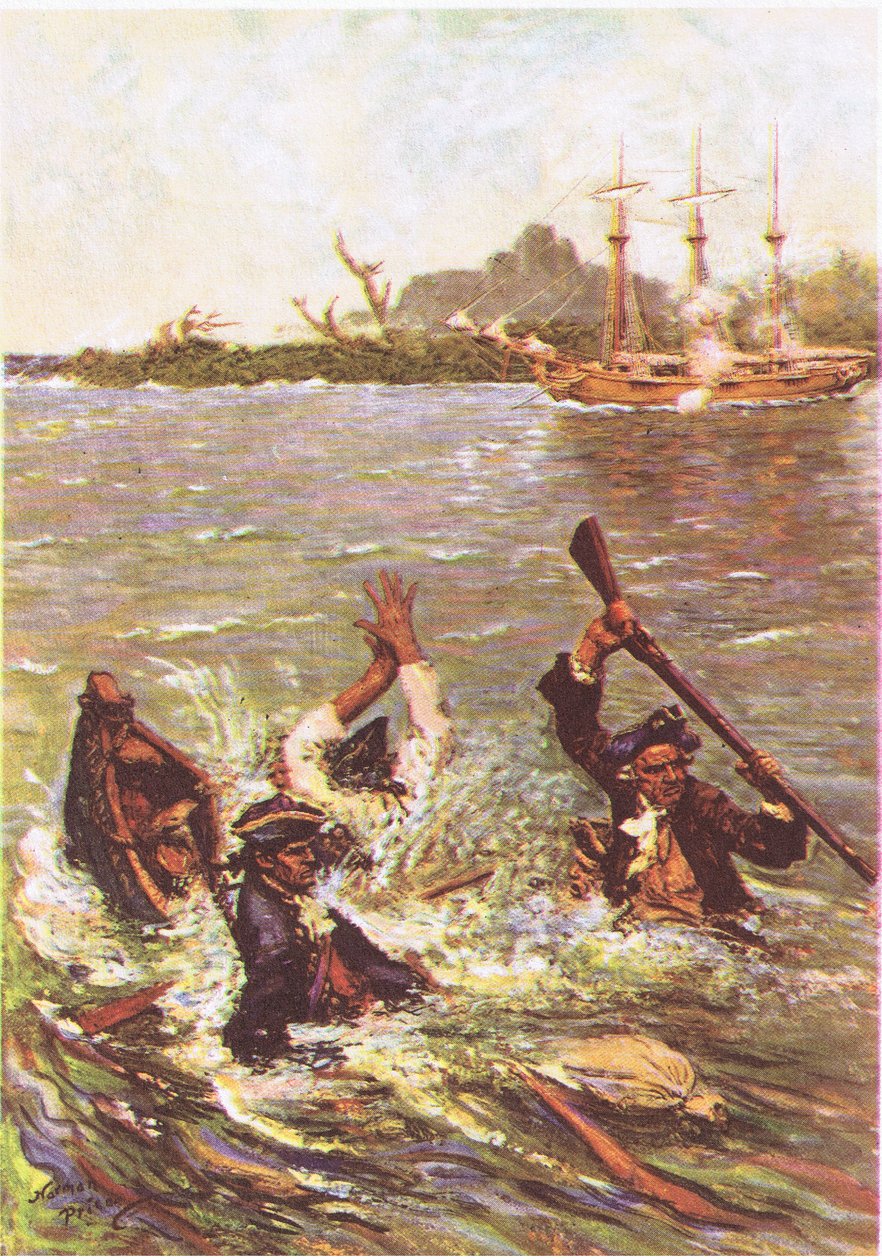 Łódź zatonęła przy rufie na trzy stopy wody, z Treasure Island opublikowanej przez MacDonalda 1947 (kolor lito) autorstwa Norman Mills Price