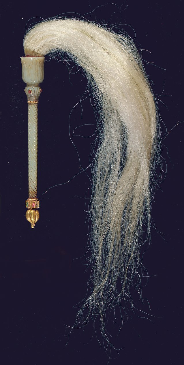 Rzeźbiony jadeitowy muchołap Mughal (jadeit, czerwony kamień, złoto i końskie włosie), ok. 1775-79 r. autorstwa North Indian School