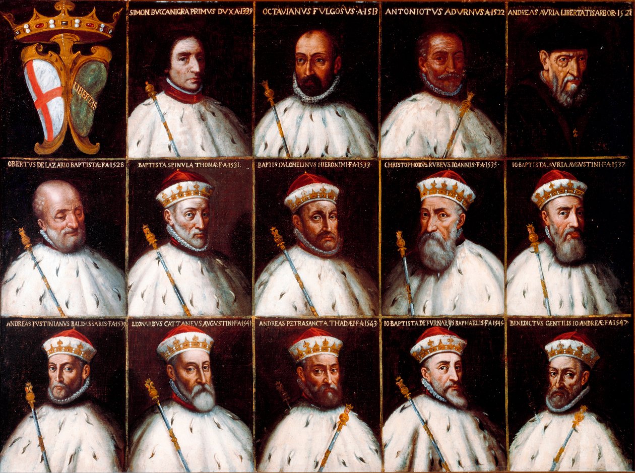 Herb Republiki Genowej i portrety Dożów - Simone Boccanegra, Ottaviano Fregoso i Antoniotto II Adorno; Andrei Dorii. Oberto Cattaneo Lazzari, Battista Spinola, Battista Lomellini, Cristoforo Grilaldi Rosso, Giovanni Battista Doria autorstwa Northern Italian School