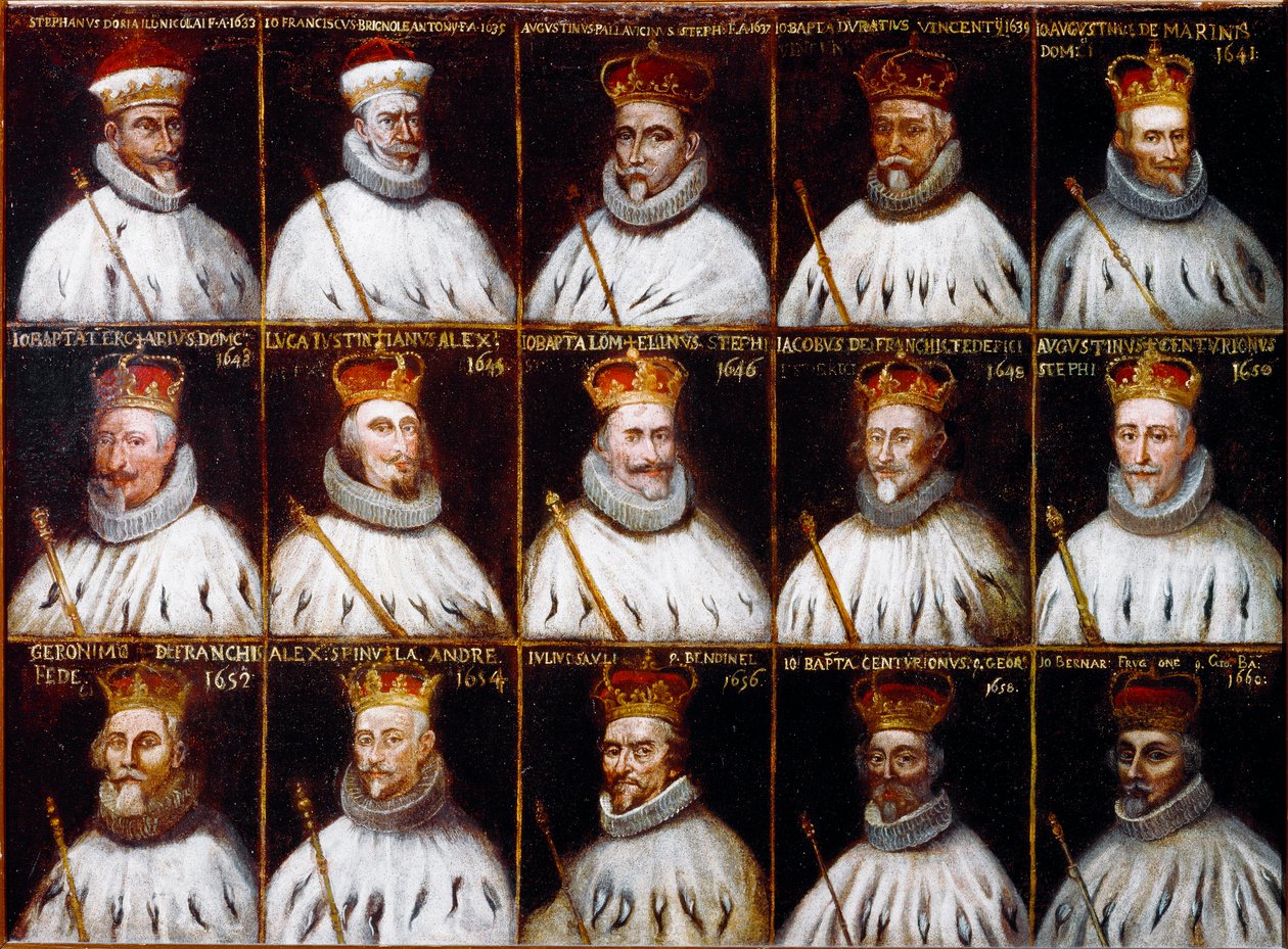 Herb Republiki Genowej i portrety Dożów. Giovanni Stefano Doria, Francesco Gio Brignole Sale, Agostino Pallavicini, Giovanni Battista Durazzo, Agostino Giovanni De Marini, Giovan Battista Lercari, Luca Giustiniani, Giovanni Battista L autorstwa Northern Italian School
